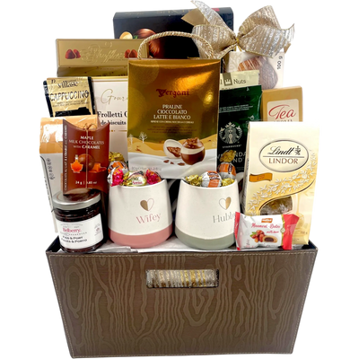 Wifey and Hubby Mug Set with Gourmet Treats Gift Basket - Glitter Baskets -Gift Baskets