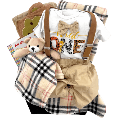 Wild One Safari Bear Snuggle Baby Gift Basket - Glitter Baskets -First Birthday Gifts