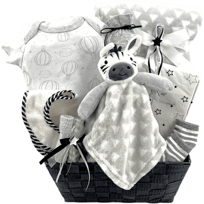 Zebra Lovey's Star and Balloon Newborn Gift Basket - Glitter Baskets -Gender Neutral Baby Gift Basket