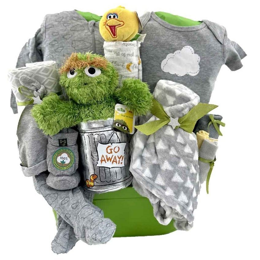 Oscar the Grouch Deluxe Baby Basket - Glitter Baskets - Gender Neutral Baby Gift Basket