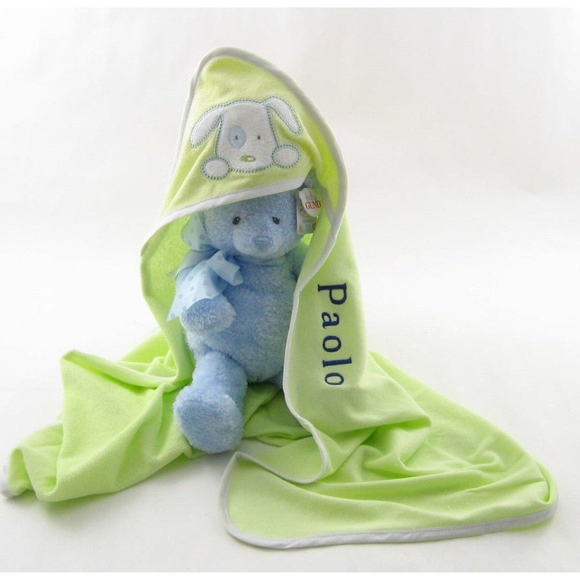 Personalized Infant Hooded Towel with Puppy Applique - Glitter Gift Baskets