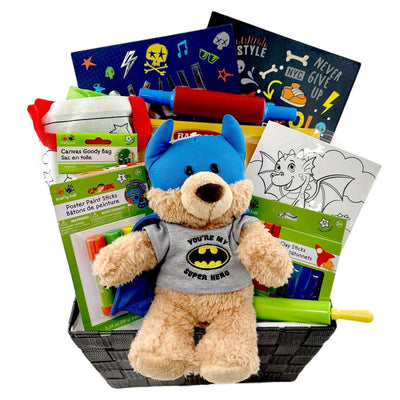 Super Hero Fun Time Gift Basket for Kids - Glitter Baskets - Kids Gift Basket